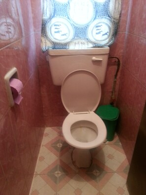 Bathroom features a central toilet, patterned tile walls, and geometric tile flooring.