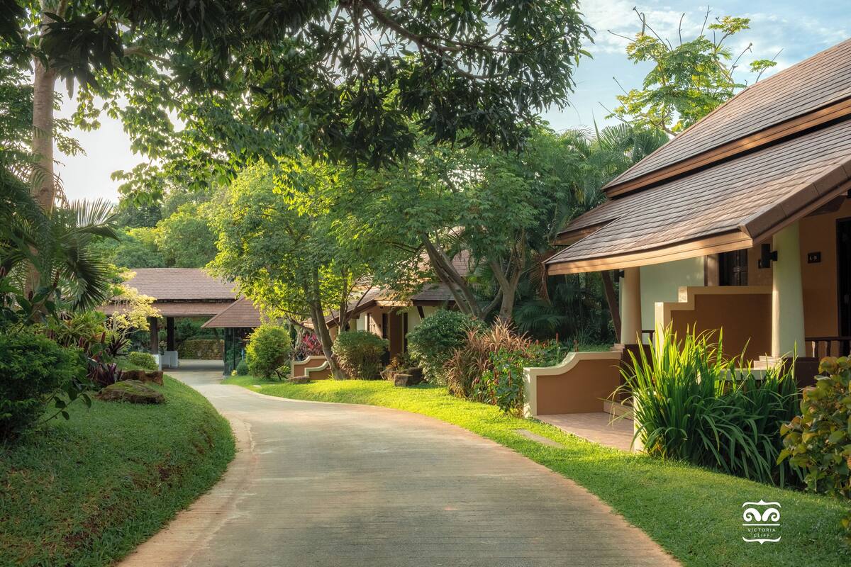 A pathway leading to a building with a covered porch, surrounded by lush greenery and trees.