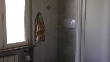 Un baño pequeño con inodoro, toallero y ventana.