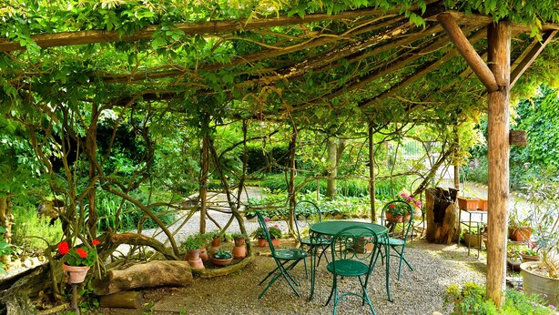 A covered outdoor seating area with a table and chairs, surrounded by potted plants and a wooden pergola. - Cascina Folletto (Pozzolo Formigaro)