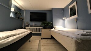 Un dormitorio con dos camas, televisor, radiador y un mueble pequeño.