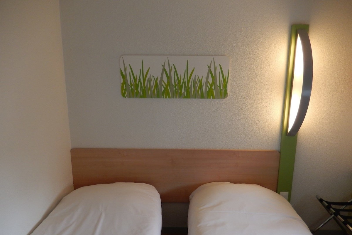 Une chambre d’hôtel avec deux lits simples, une tête de lit en bois, une œuvre d’art représentant de l’herbe accrochée au mur, et un luminaire vert fixé au mur.