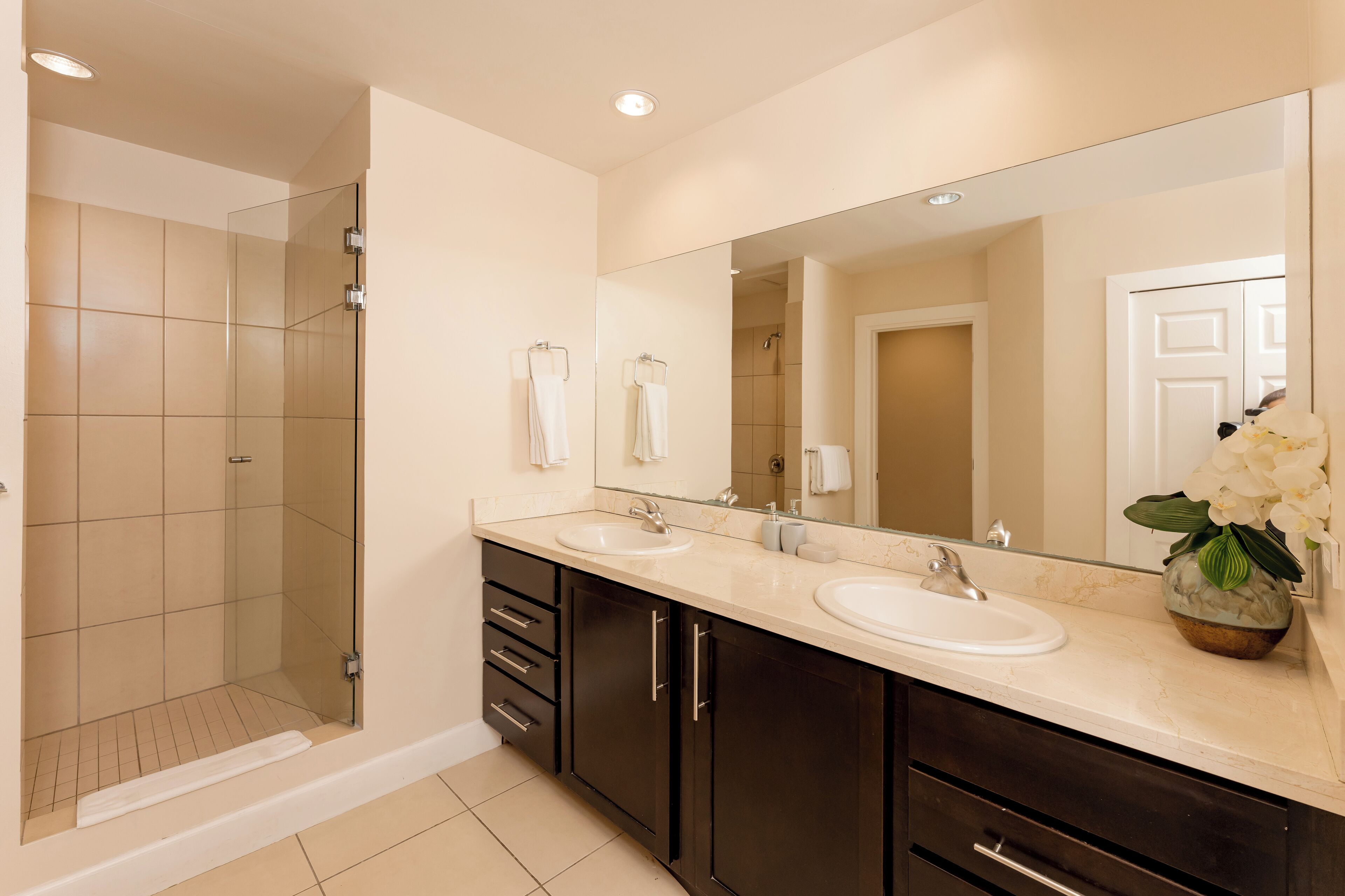 A modern bathroom with a glass shower enclosure, two sinks, dark cabinetry, and a large mirror.