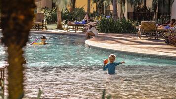 4 outdoor pools, open 6:00 AM to 10:00 PM, pool umbrellas, pool loungers