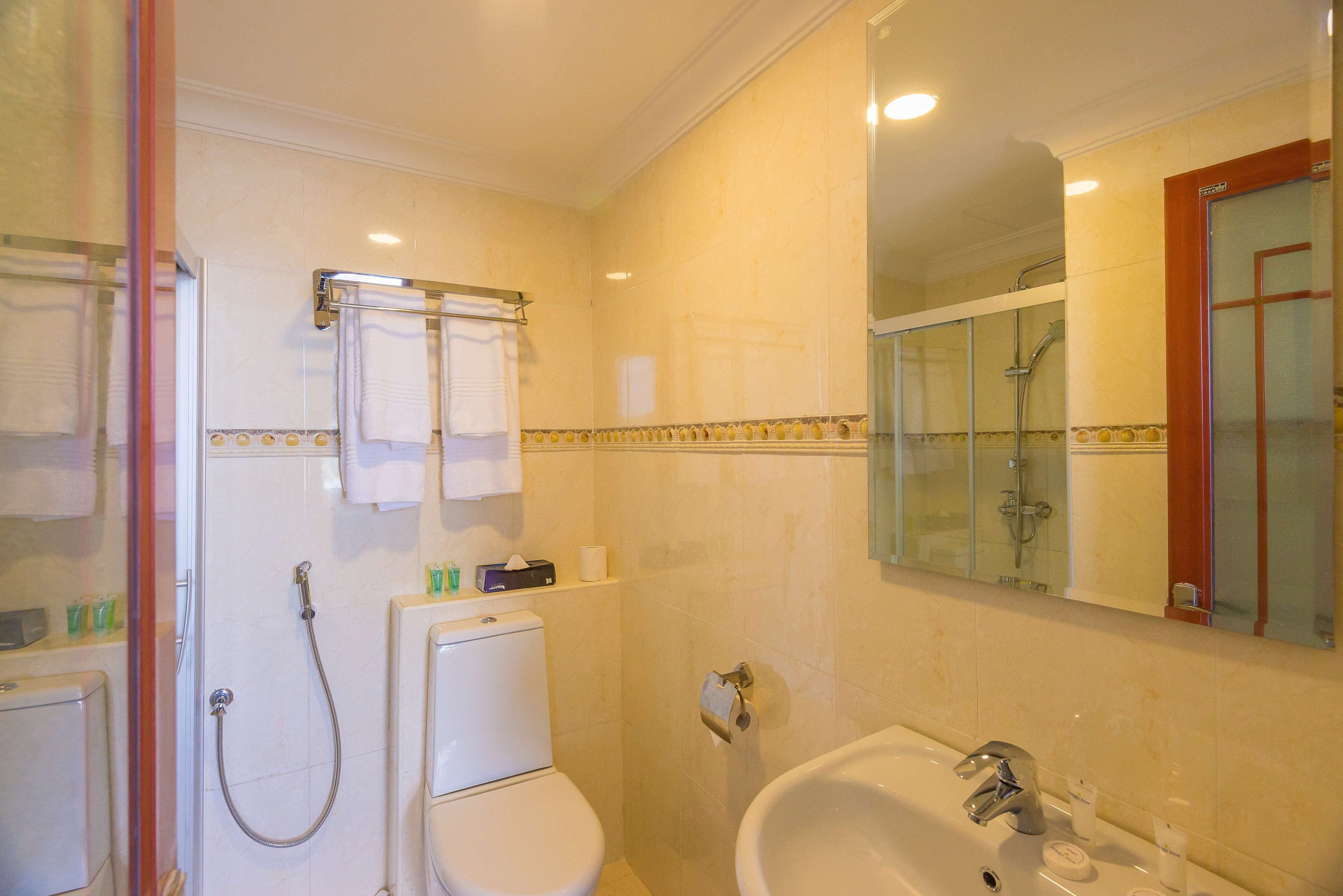 A bathroom with a toilet, bidet, and sink. There are towels hanging on a rack, and a mirror above the sink.