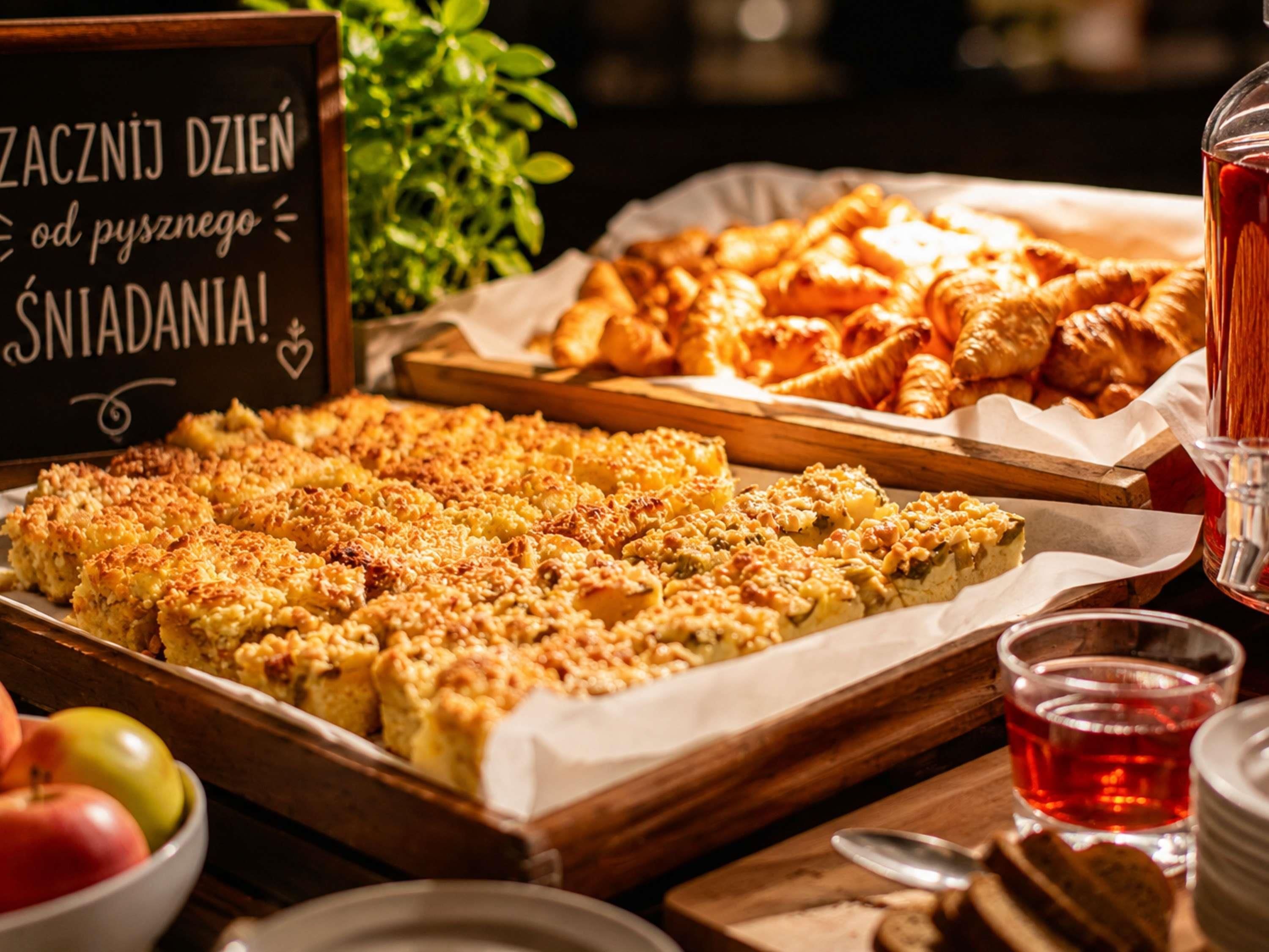 A variety of baked goods including a tray of golden-brown pastries, a bowl of apples, and a sign with text in a foreign language.