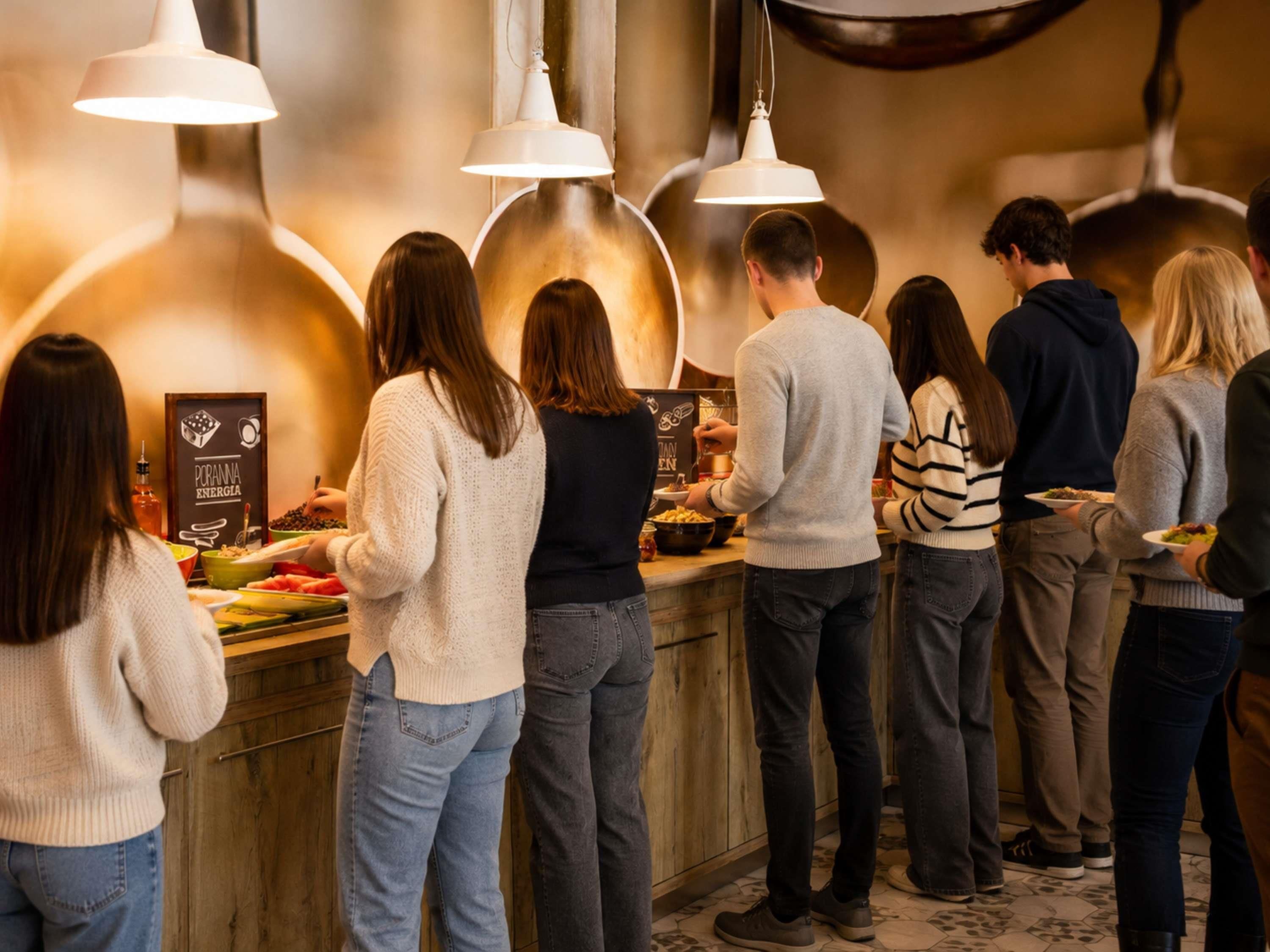 A group of people at a buffet with a sign that reads 'Porranna Energia'.