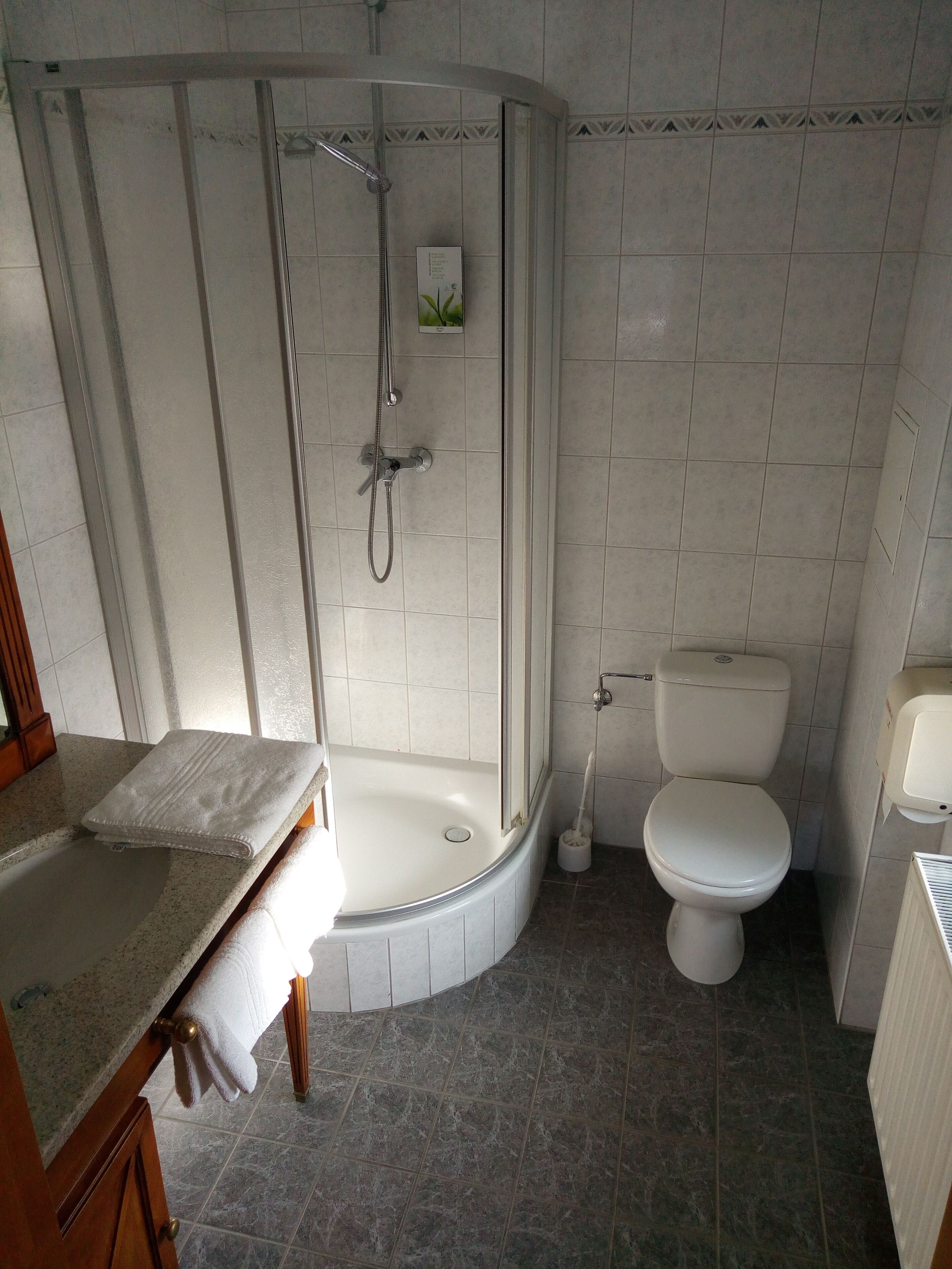 superior double room | bathroom | shower, free toiletries, hair dryer, towels