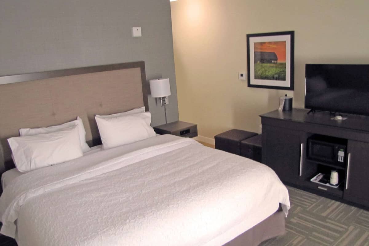 A hotel room with a large bed, a TV, a desk, and a lamp.