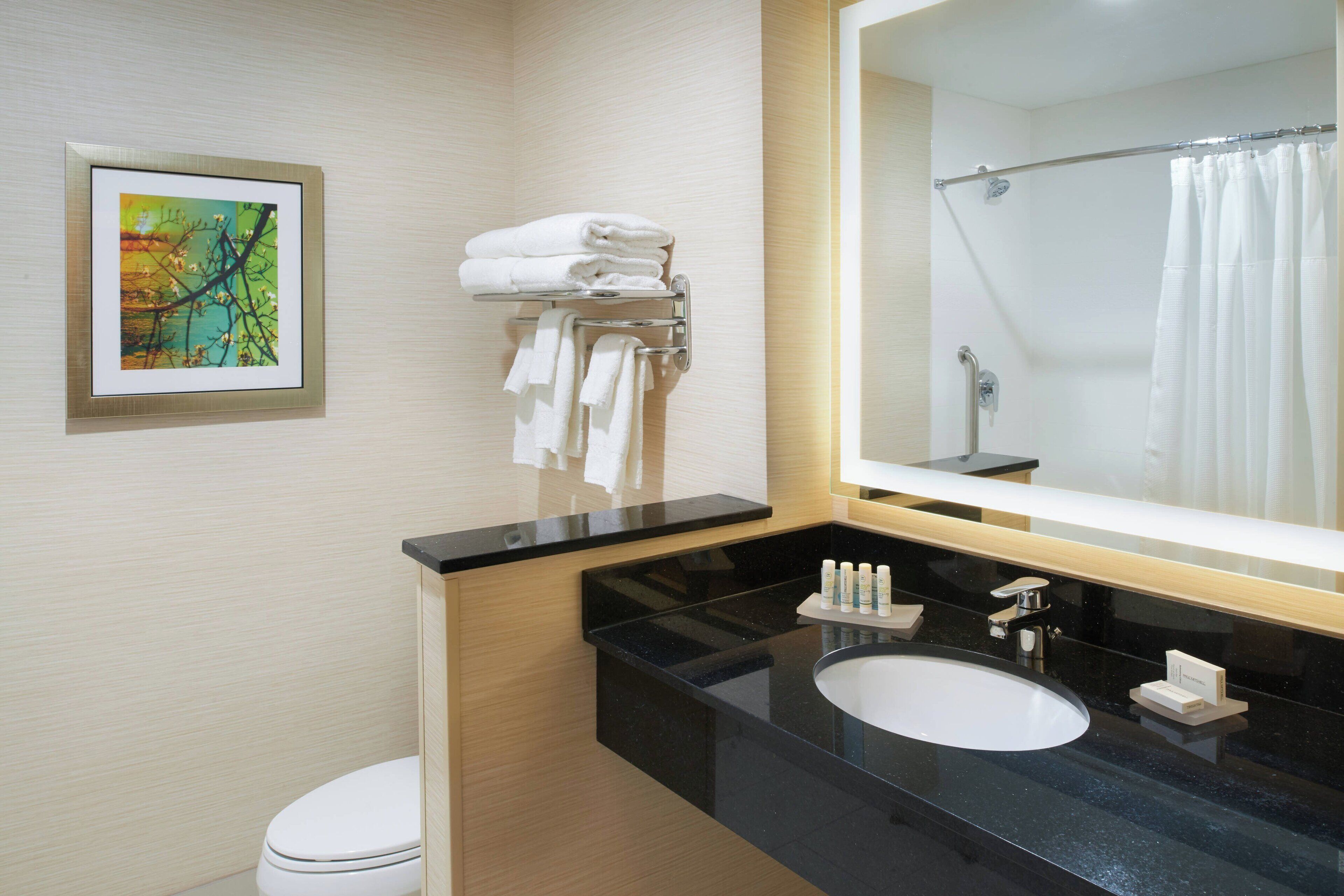 hair dryer, towels, soap, shampoo