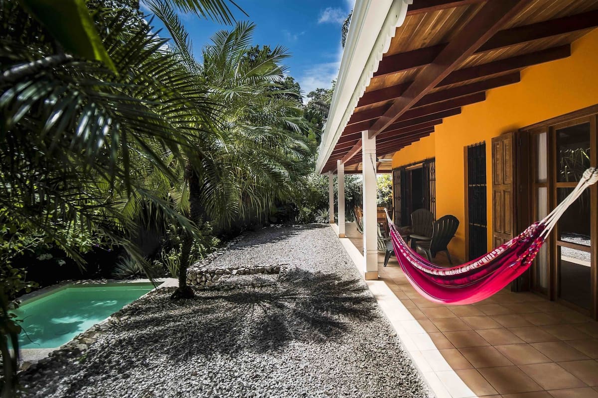 A covered patio with a hammock, a pool, and tropical vegetation.