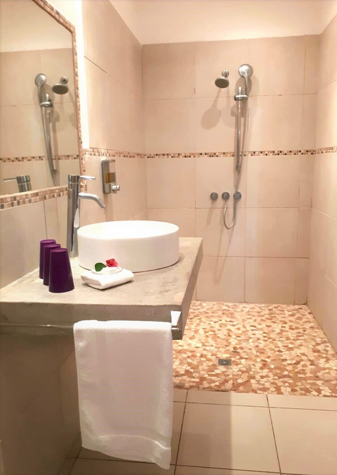Standard Double Room, Terrace, Garden View | Bathroom | Shower, free toiletries, hair dryer, towels