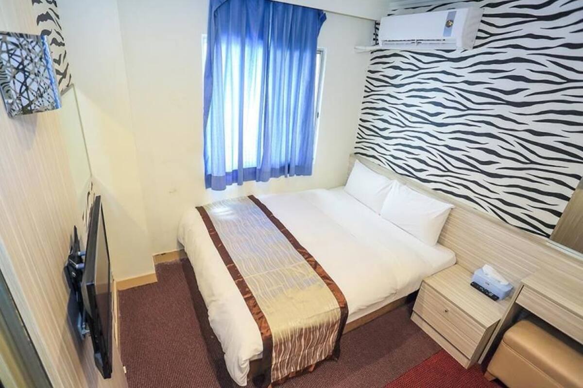 A hotel room with a bed, a nightstand, a TV, a window with curtains, and a zebra-patterned wall.