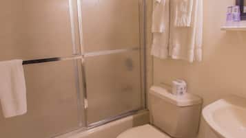 Un baño con ducha de vidrio, inodoro y lavamanos.