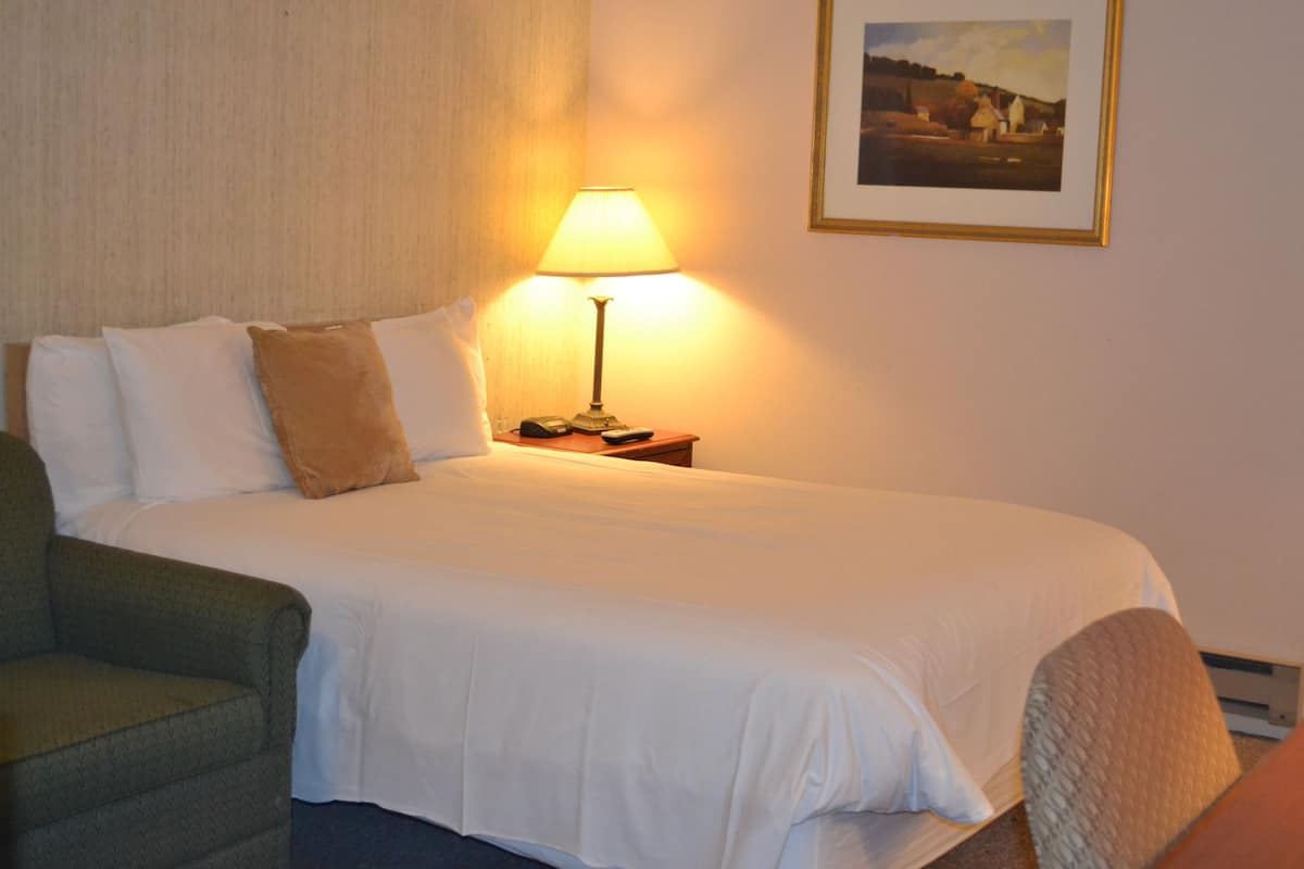 Una habitación de hotel con una cama, una mesita de noche con una lámpara, una silla y un cuadro en la pared.