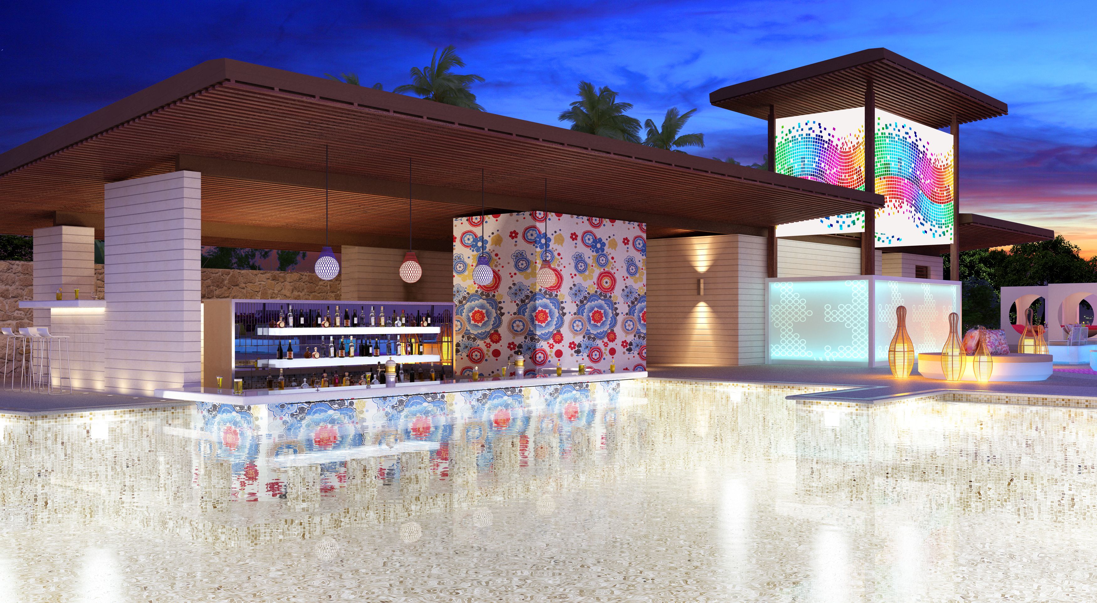 A bar area with a tiled floor, a bar counter, and a seating area with chairs.
