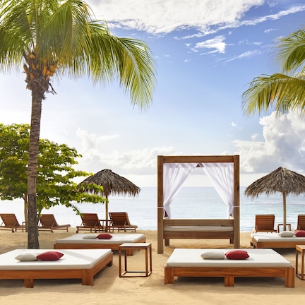 A beach resort with wooden lounge chairs, a canopy bed, and palm trees.