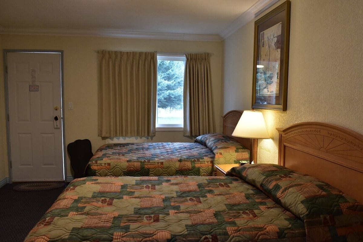 A hotel room with two beds, a door, a window with curtains, a lamp, and a framed picture on the wall.