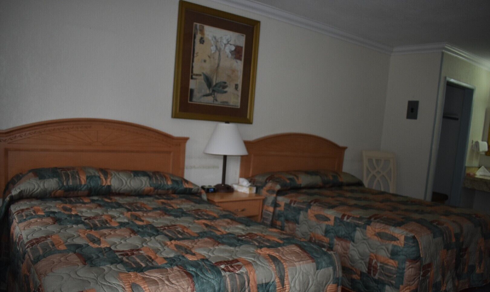 A hotel room with two beds, a nightstand, a lamp, and a framed picture on the wall.