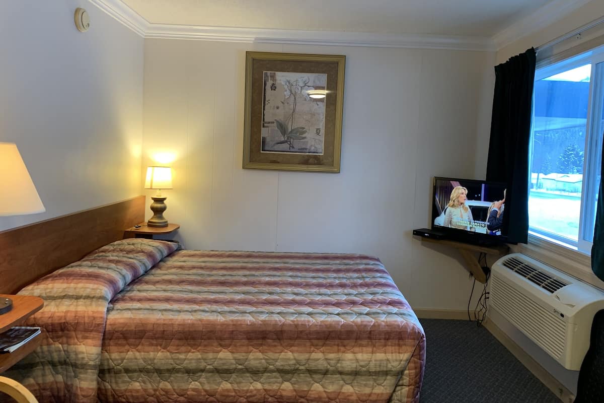 A hotel room with a bed, a television, a framed artwork, a window with curtains, and an air conditioning unit.