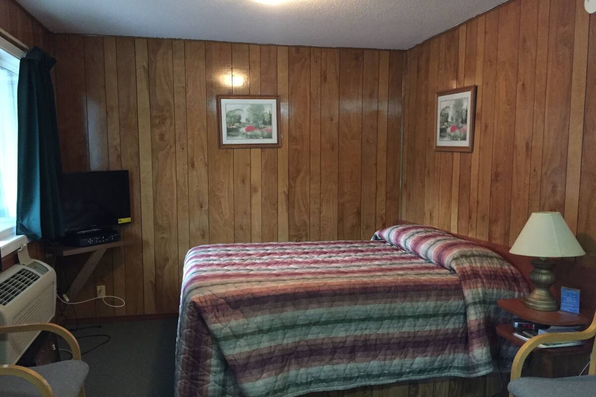 A room with wooden walls, a bed with a striped blanket, a television on a stand, a desk with a computer, and a lamp.