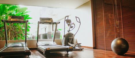A gym with a treadmill, elliptical, and a stationary bike. There is a large potted plant and a exercise ball.