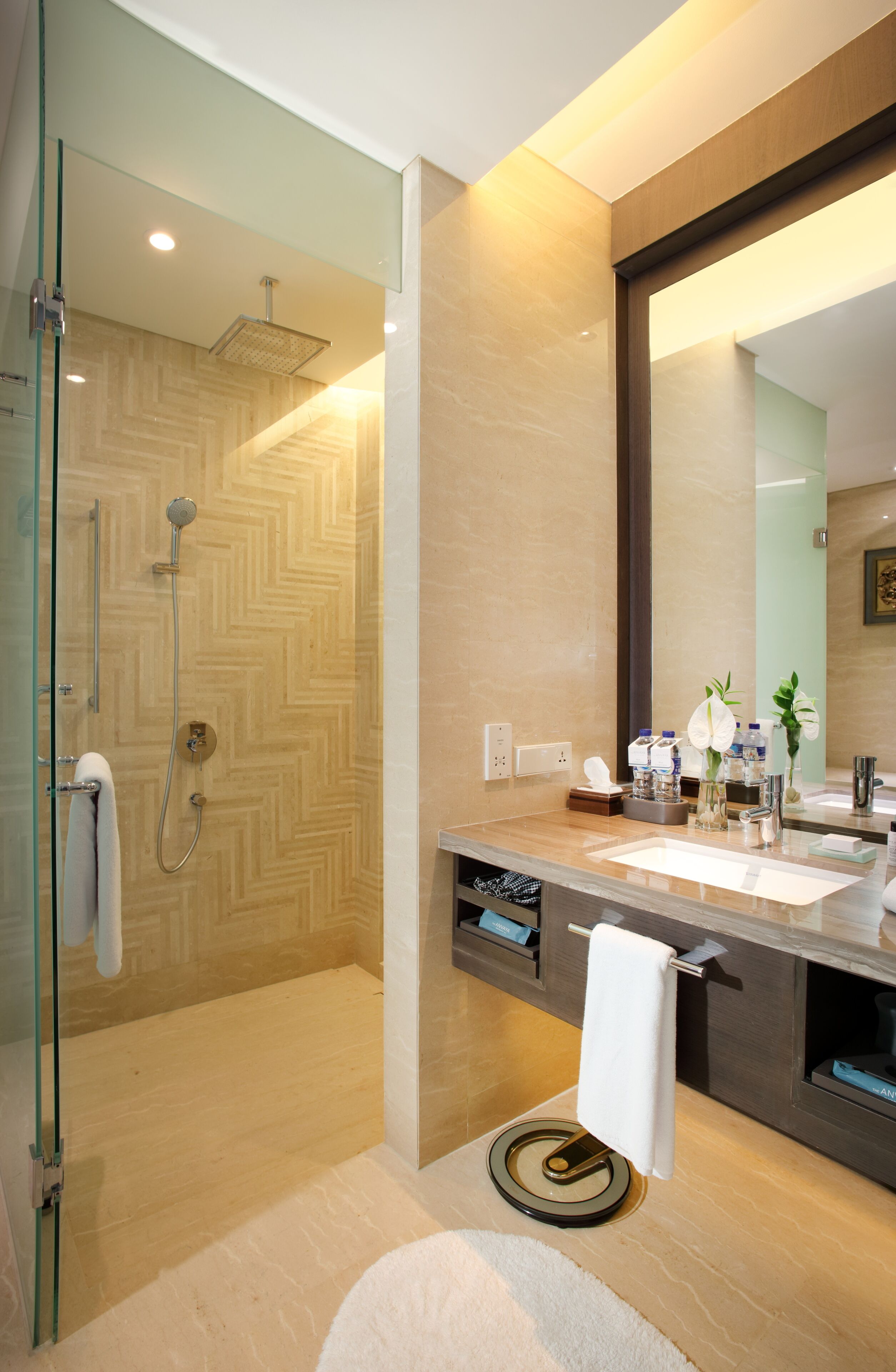 Une salle de bain moderne avec une douche à parois de verre, un grand miroir et un meuble-lavabo doté d’un porte-serviettes.