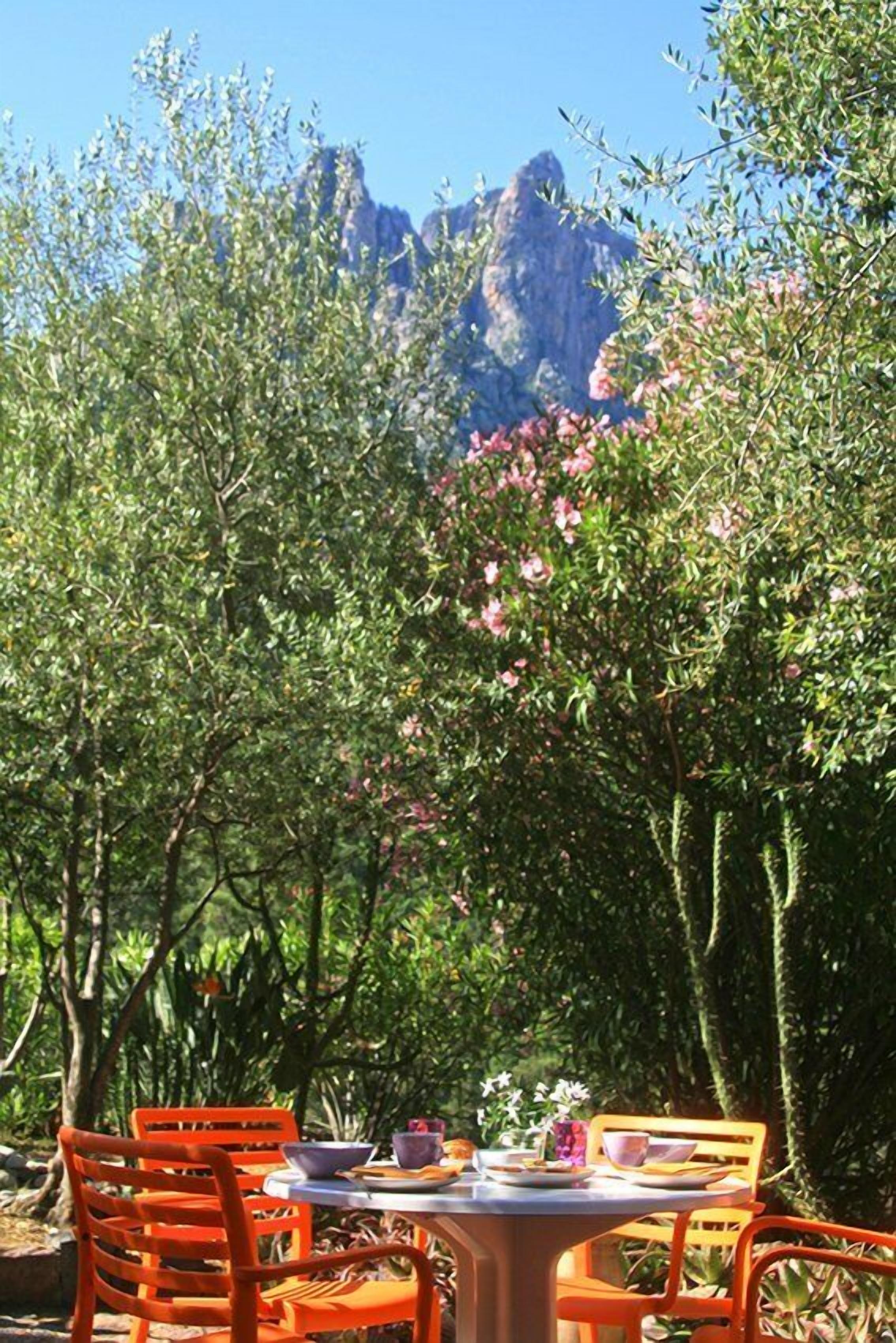 An outdoor dining area with orange chairs and a table set for two, surrounded by lush greenery and a mountain backdrop.