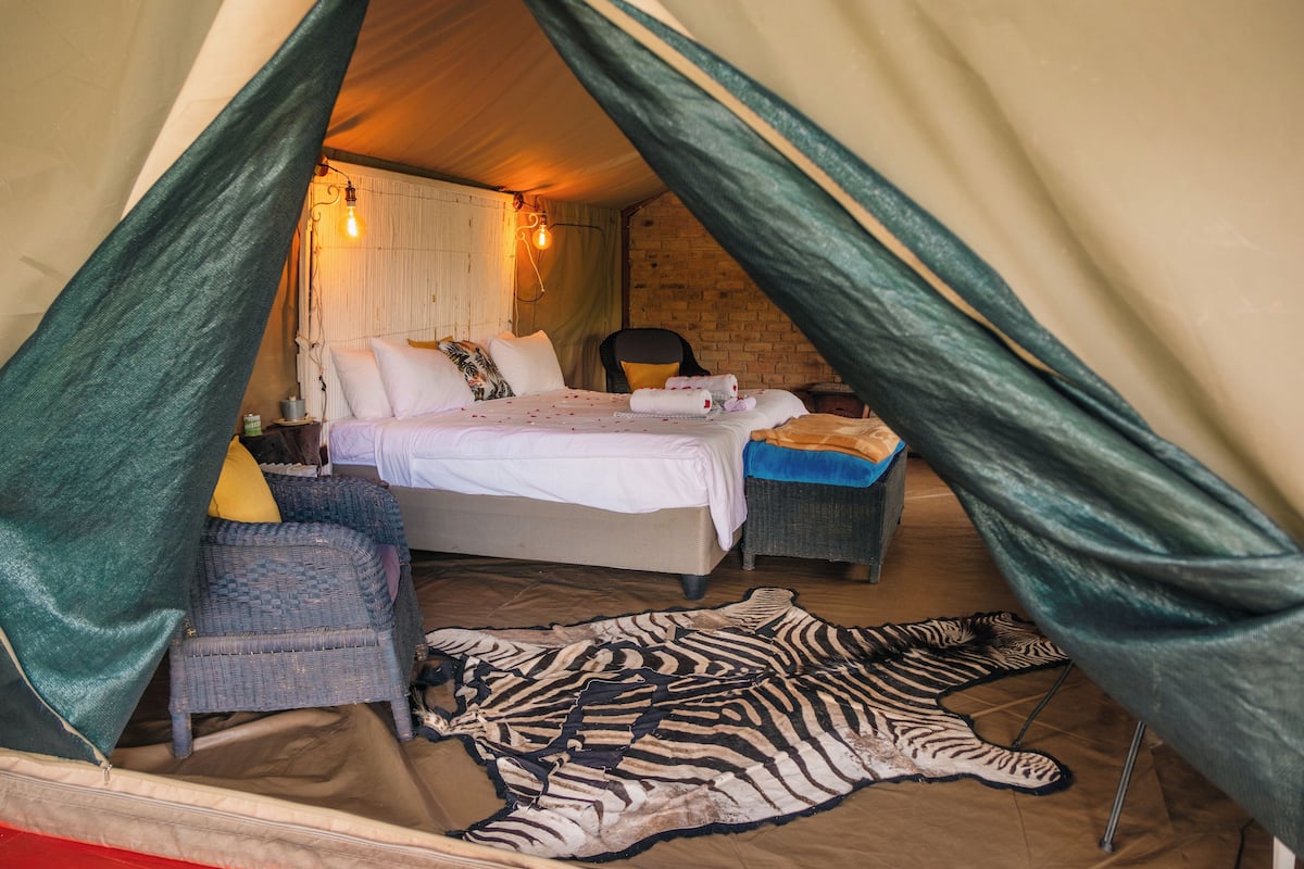 A tented room with a bed, a chair, a zebra rug, and a brick wall.
