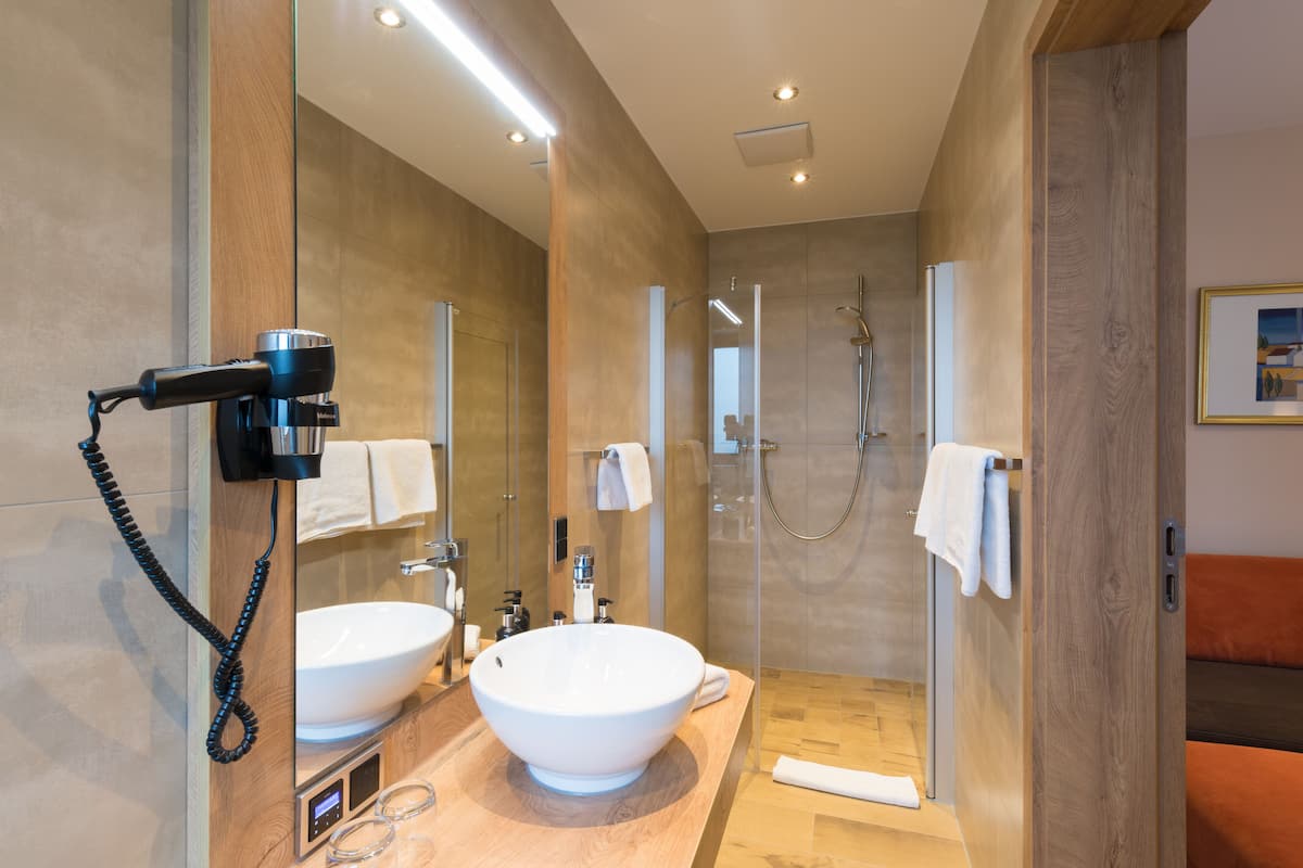 shower, free toiletries, hair dryer, towels