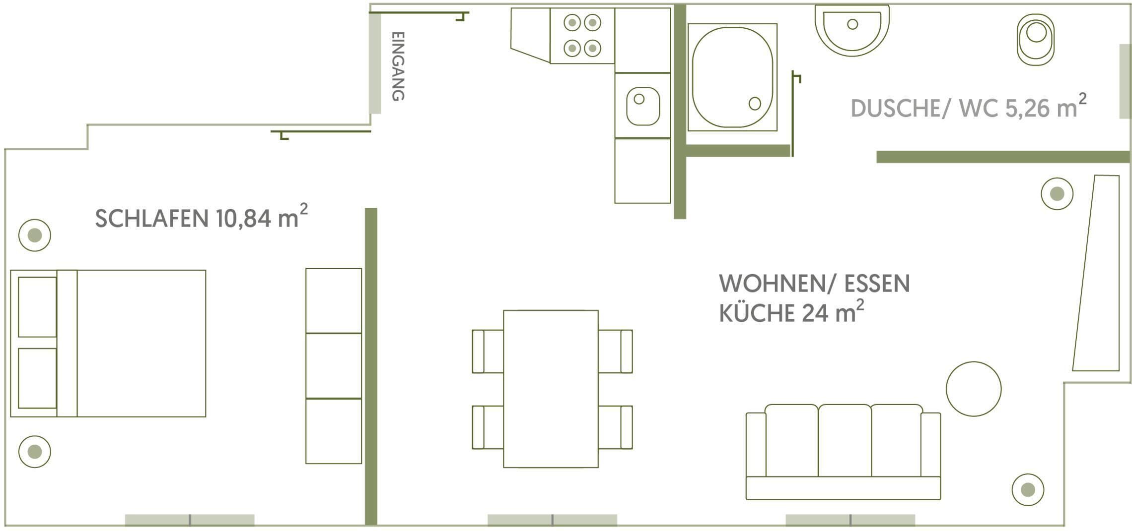 Un plano de planta que muestra una sala de estar/salón de 24 m², una zona de comedor de 10,84 m² y una cocina de 5,26 m².