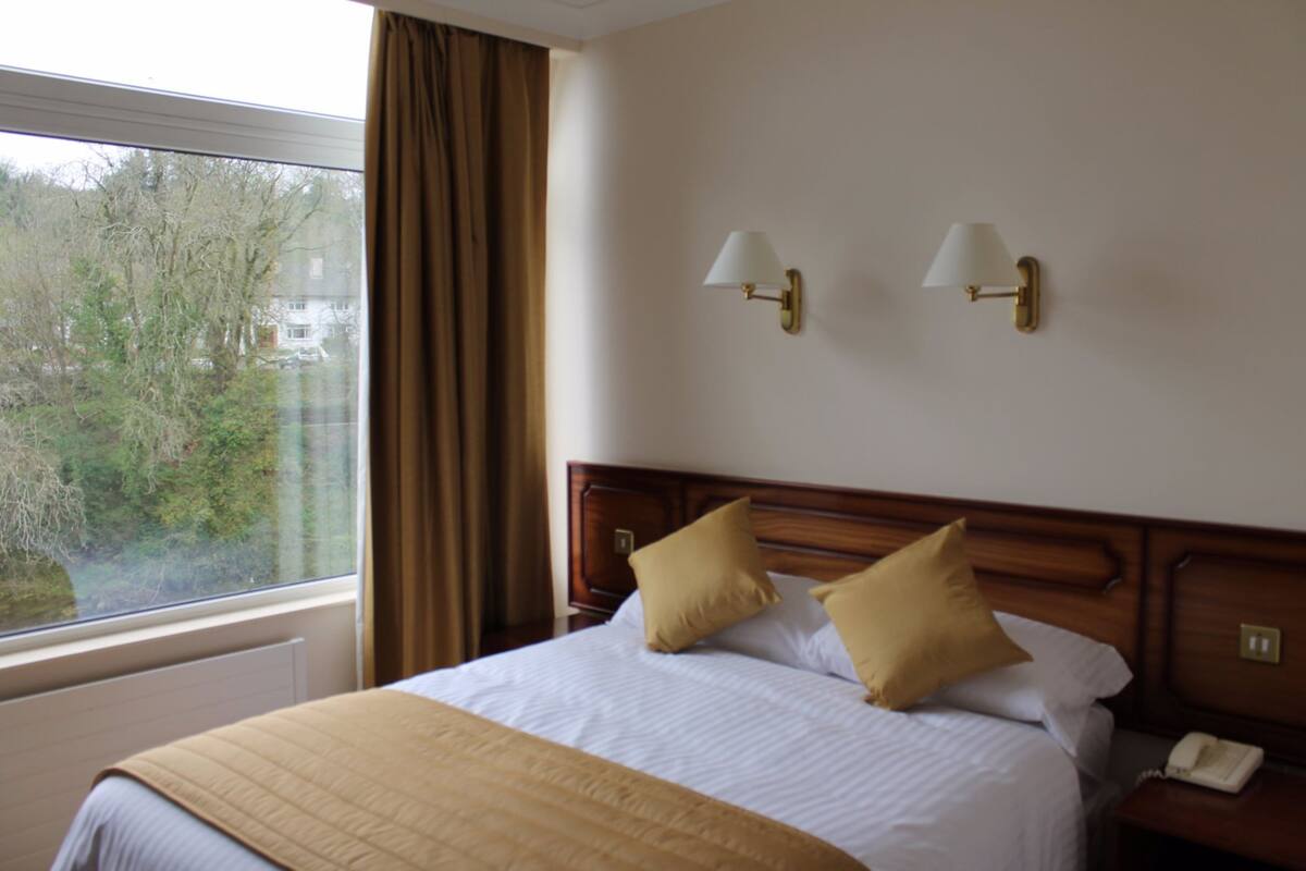 A hotel room with a large window, a bed with two pillows, a bedside table with a lamp, and a phone.