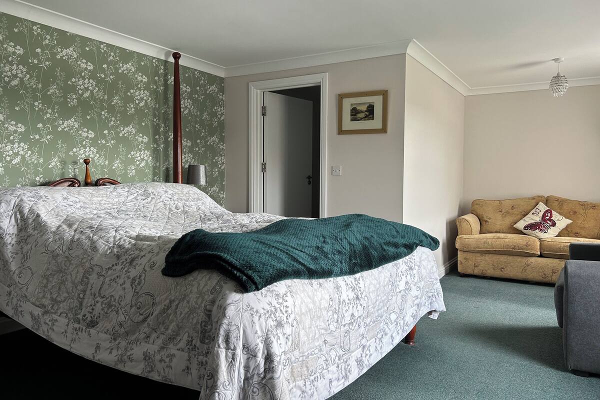 A bedroom with a bed, a green blanket, a sofa, and a door leading to another room.