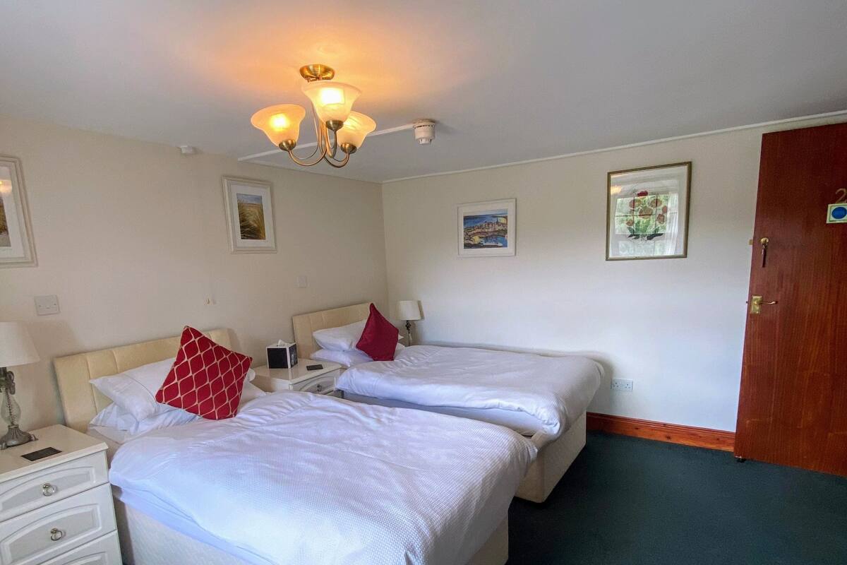 A hotel room with two beds, a nightstand, a lamp, and a door.
