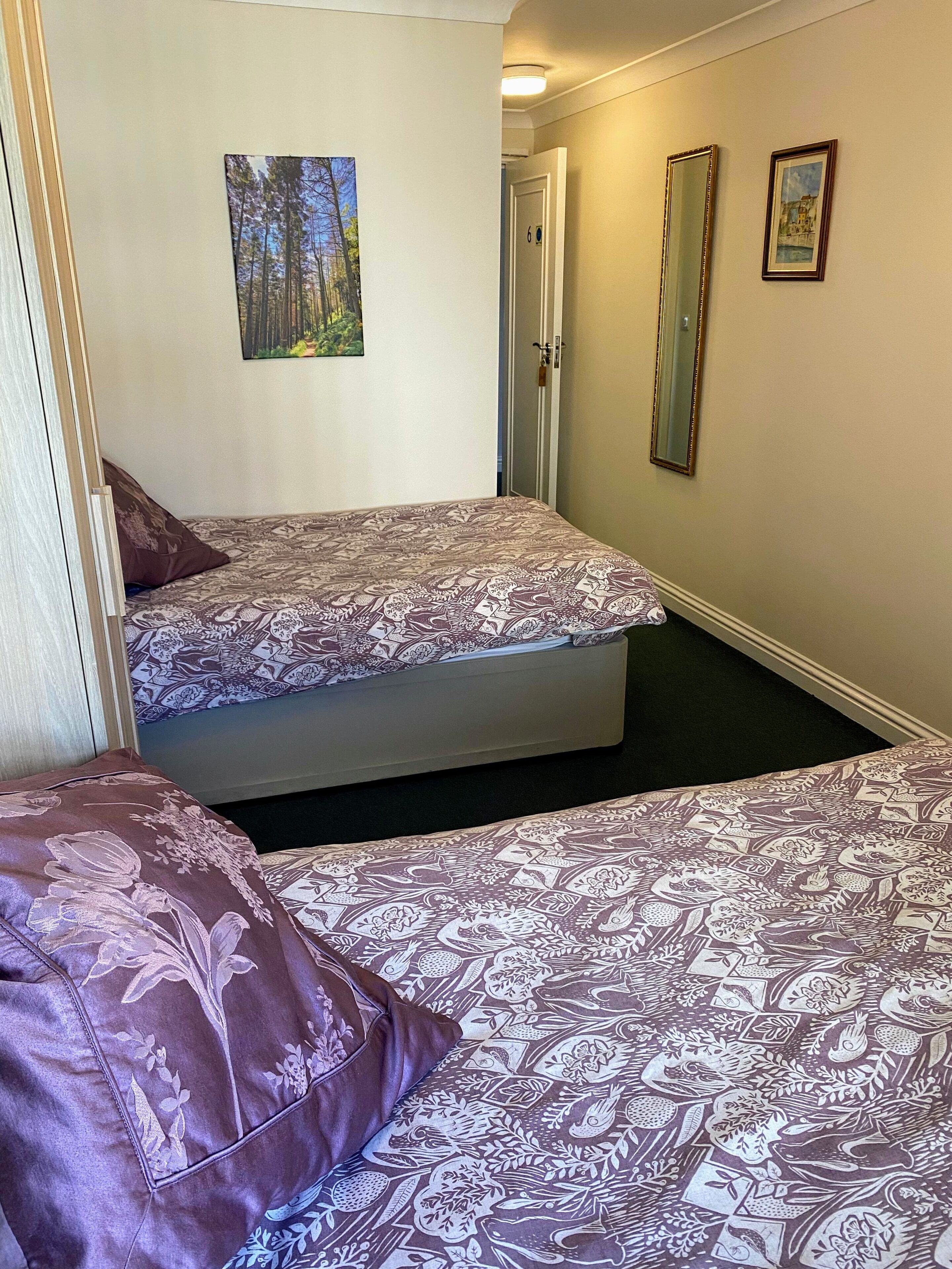 A bedroom with two beds, each with patterned bedding and pillows, a door with a number, and a framed picture on the wall.