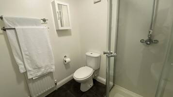 A bathroom with a toilet, a towel rack, a shower enclosure, and a radiator.