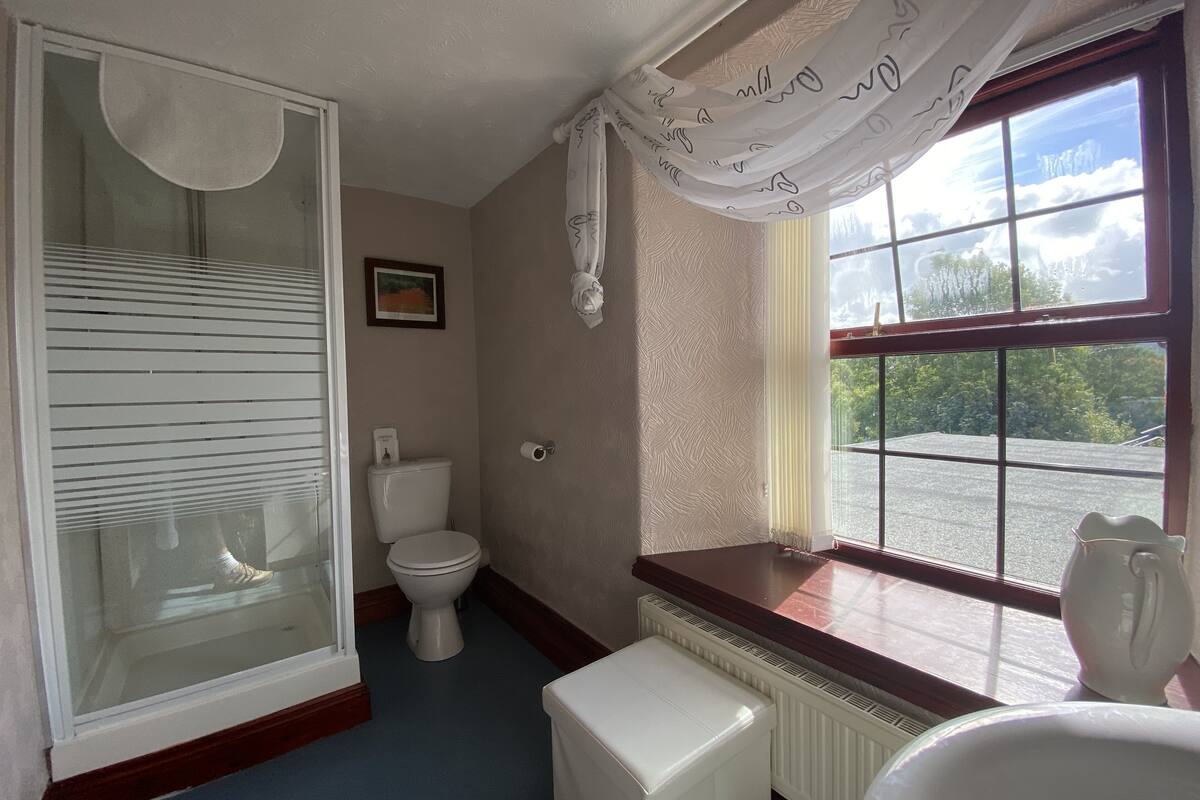 room 1 family room, river view (dog friendly x 1 dog) | bathroom | shower, rainfall showerhead, free toiletries, hair dryer
