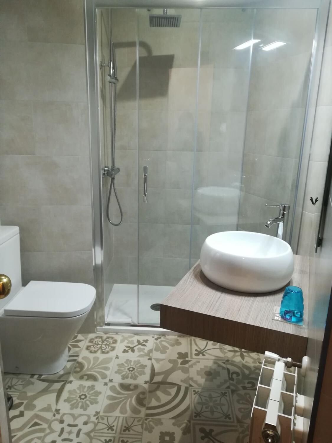 A bathroom with a glass-enclosed shower, a white toilet, and a sink with a wooden countertop.