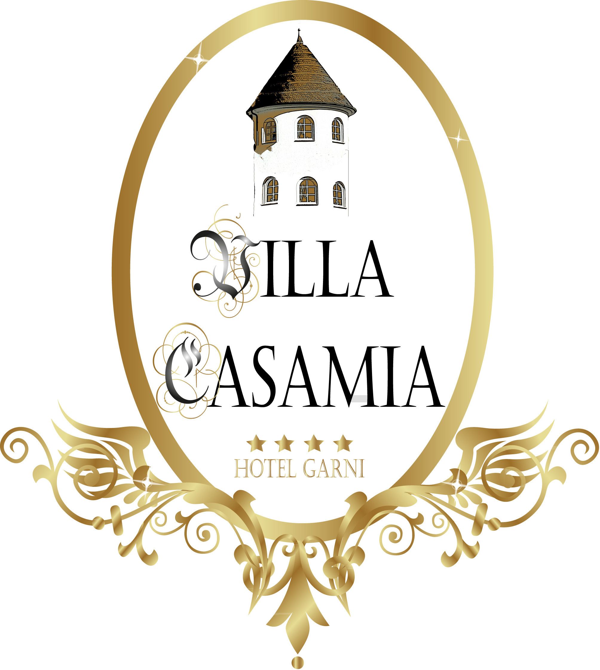 A logo for Villa Casamia Hotel Garni, featuring a stylized building and ornate gold designs.