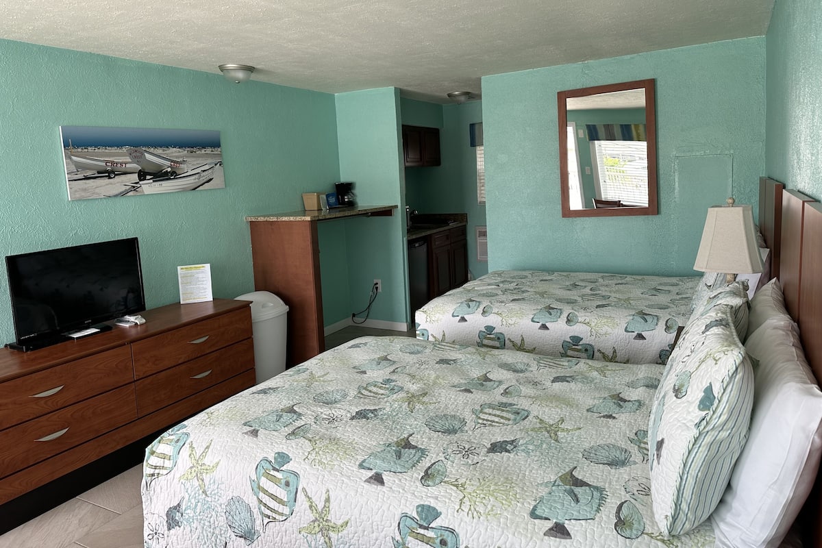 Una habitación con dos camas, televisión, escritorio, espejo y ventana.