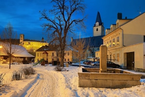 Lumipeitteinen katu, taustalla linna, kirkontorni ja asuintaloja.