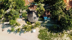 Vista aérea de una playa con una cabaña de techo de paja, palmeras y una orilla arenosa.