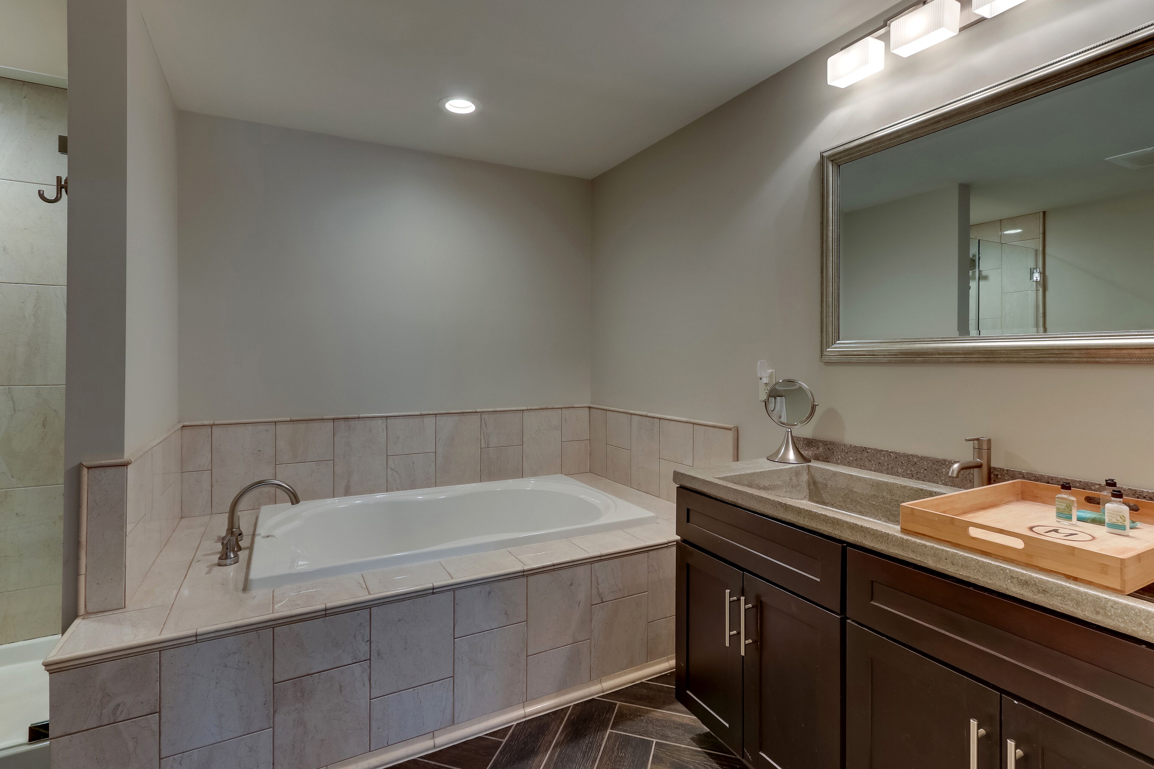 regal mid-king suite | bathroom | shower, free toiletries, hair dryer, bathrobes