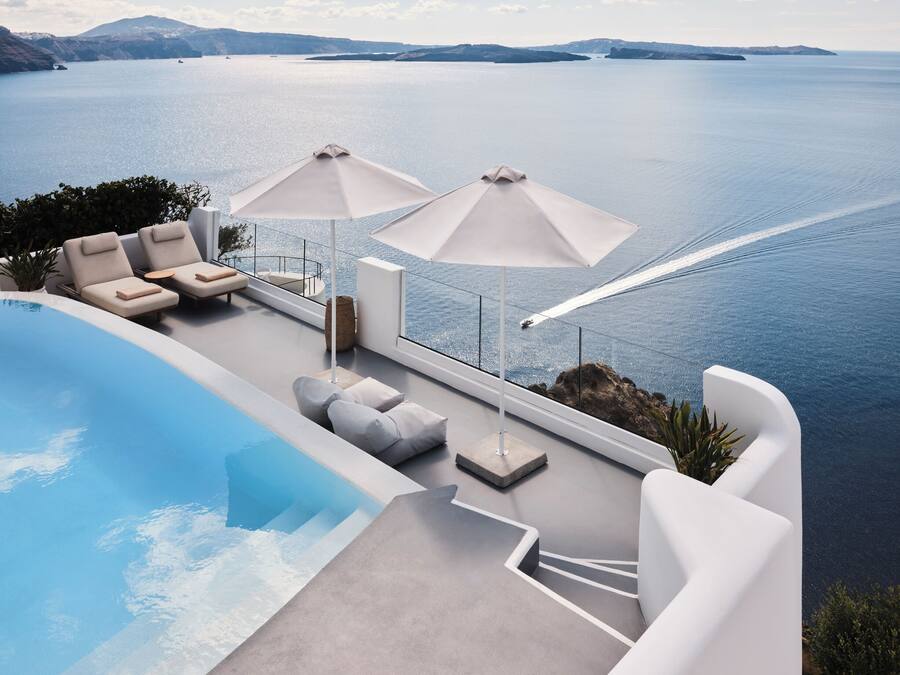 Suíte, piscina particular, vista para o mar (Master, Caldera view, Infinity Pool) | Vista da sacada