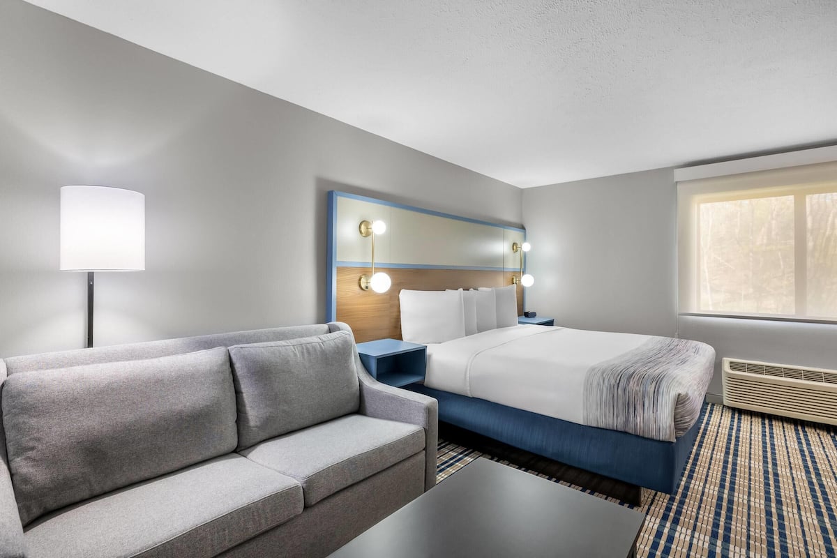 A hotel room with a sofa, a bed with a blue headboard, a bedside table with a lamp, and a large window.