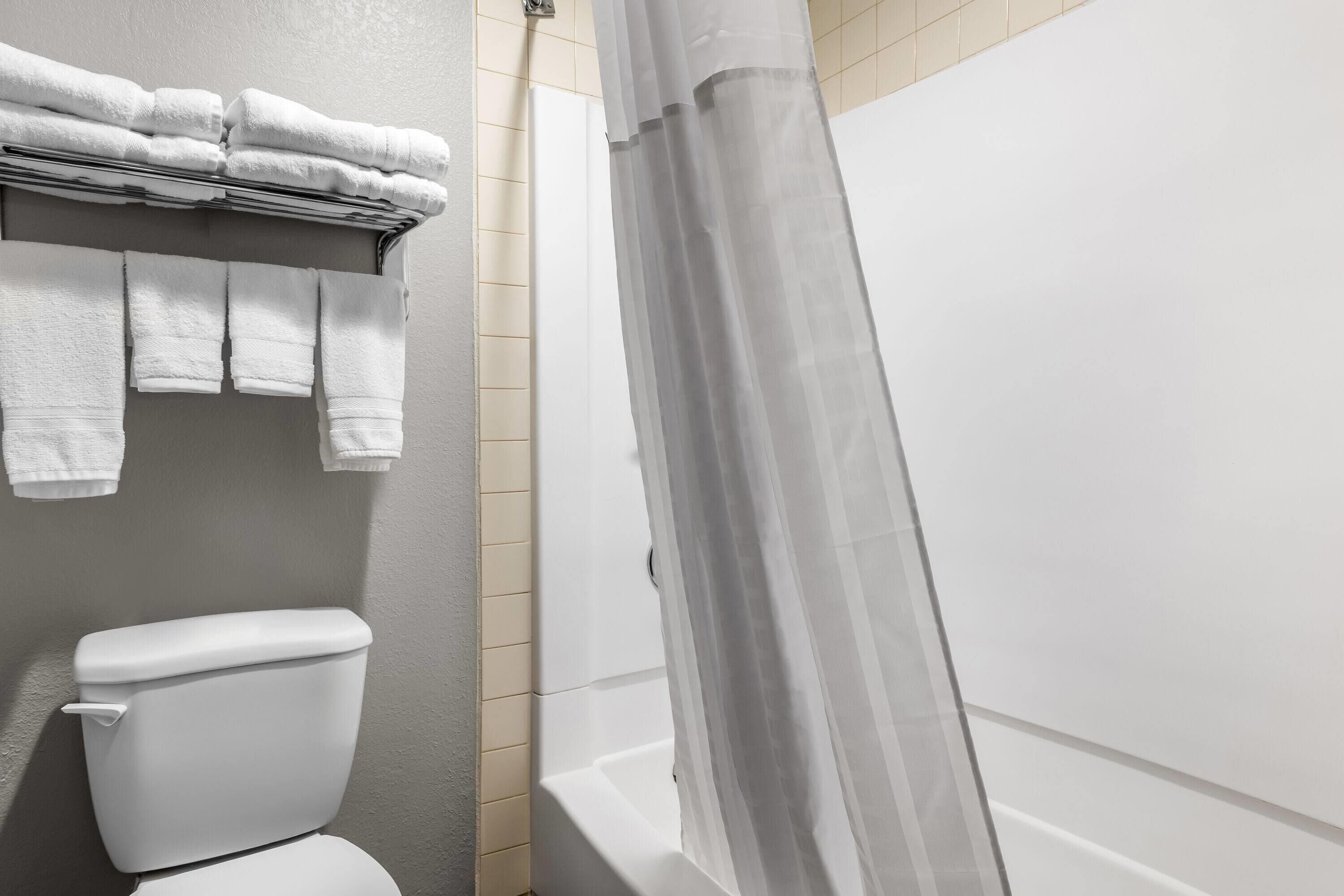 Une salle de bain avec des toilettes, un porte-serviettes avec des serviettes pliées et un rideau de douche.