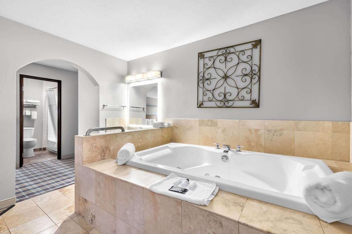 A modern bathroom with a large bathtub, a shower area, and a vanity with a mirror.