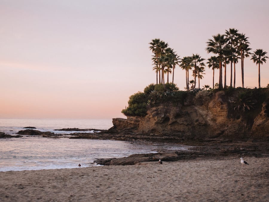 Nær stranden, solsenger, parasoller og strandhåndklær