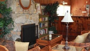 Un salon chaleureux avec des meubles en osier, un mur en pierre, une cheminée et une bibliothèque.
