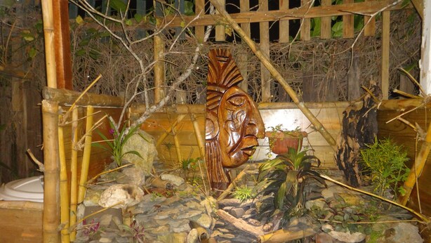 A wooden sculpture in a garden setting with rocks and plants. - Cocopele Inn (San Ignacio)